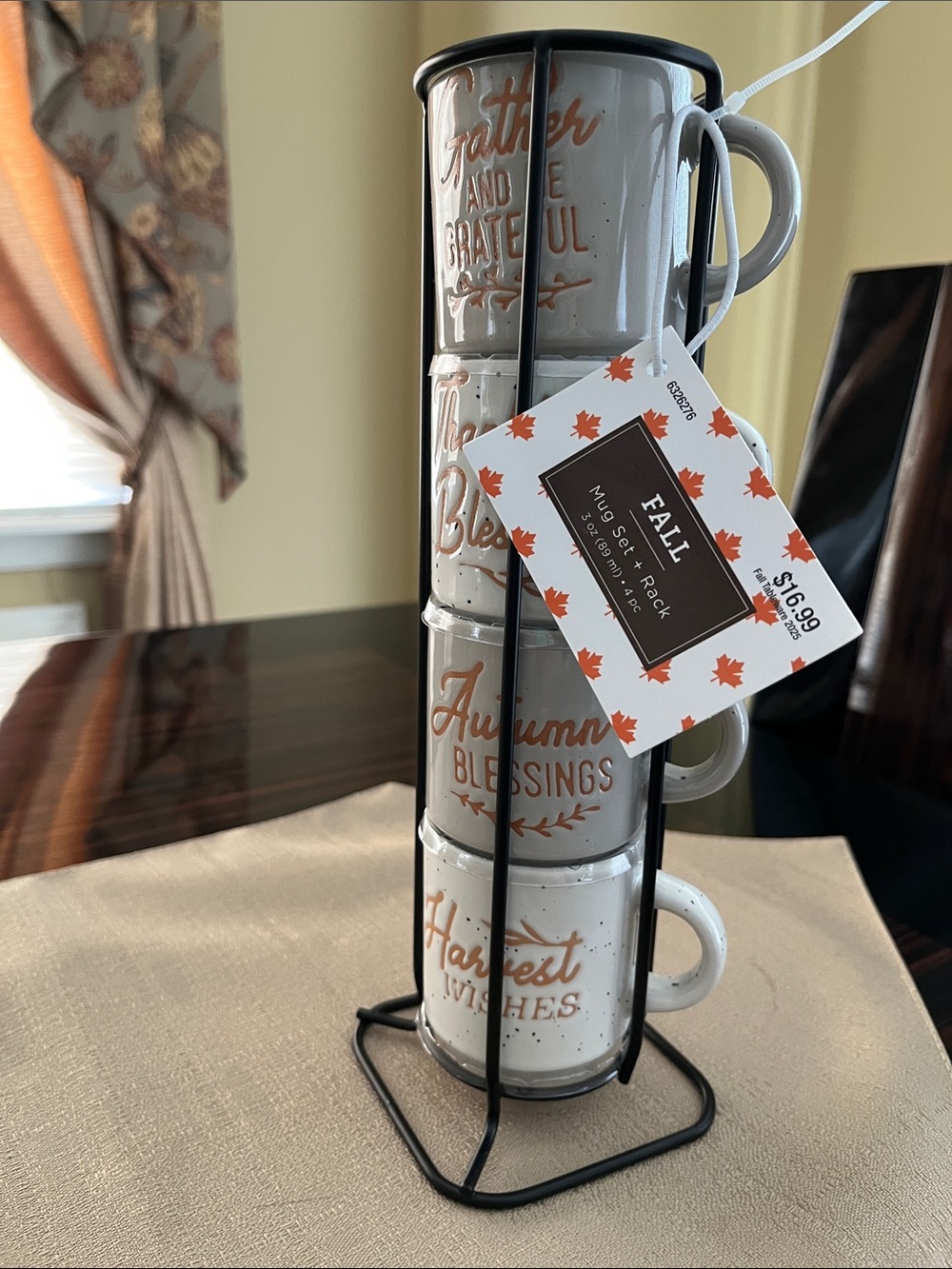 Fall Mug Set with Black Stand - Autumn Blessings Ceramic Mugs